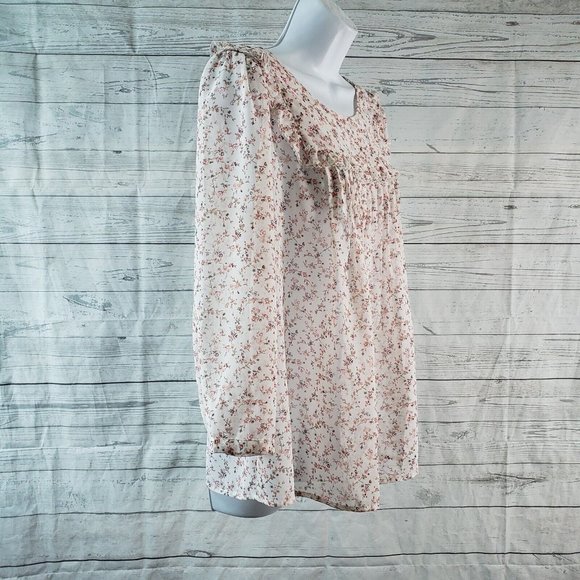 Gap Womens Blouse Sz Small Pink White Floral Long‎ Sleeve Semi Sheer Ruffle - Picture 3 of 5